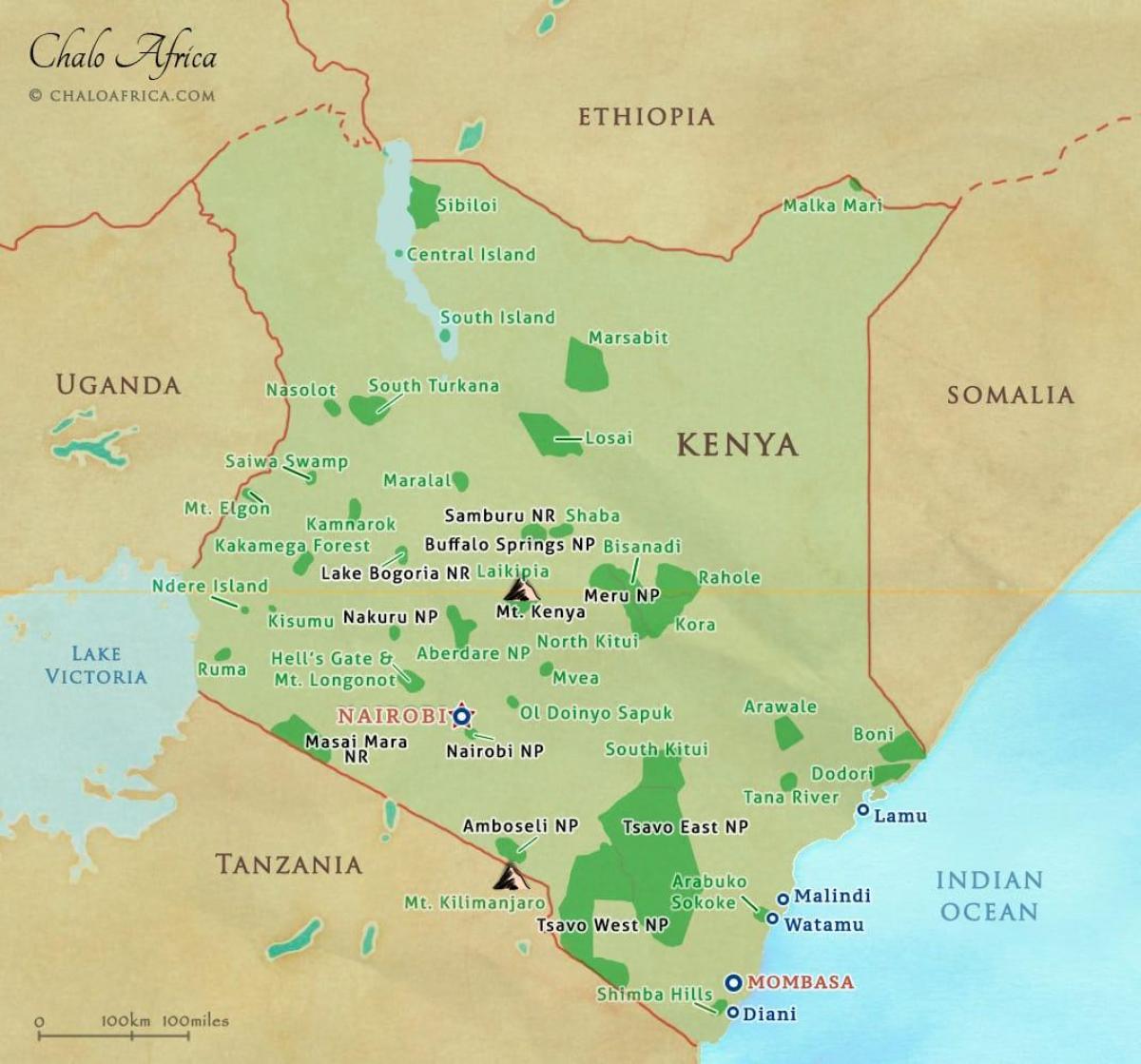 نقشہ کینیا کے قومی پارکوں اور ذخائر